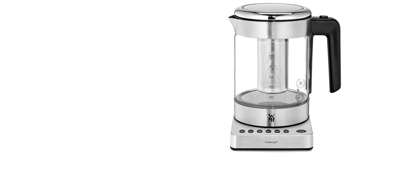 Електричний чайник-заварник WMF Küchenminis 2 в 1 з регулюванням температури, 1 л, 1900 Вт, скло, з тримачем для чайних пакетиків та ситом