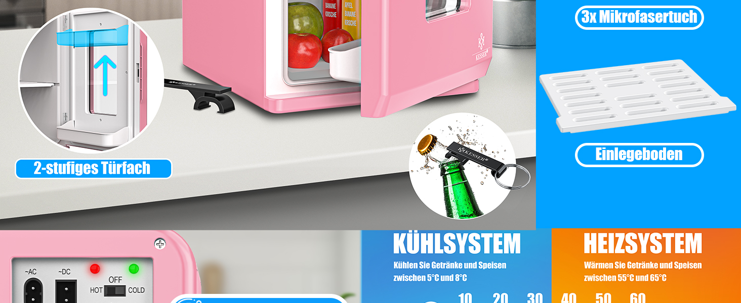 KESSER® Міні холодильник/термобокс 2в1, 15л, рожевий. Охолодження та підігрів, AC/DC, для авто, офісу, дому, кемпінгу.