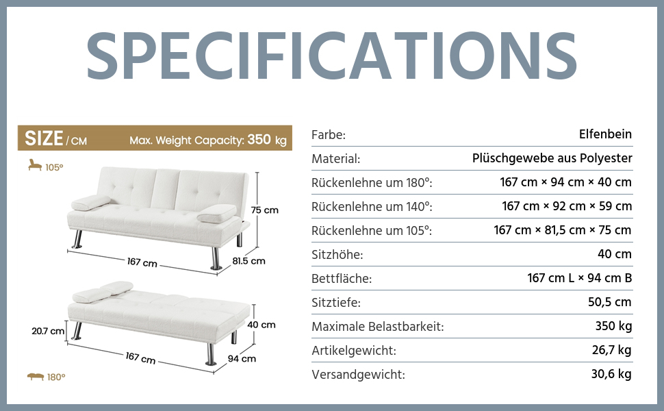 Диван-ліжко Yaheetech на 3 особи з функцією сну, диван-кровать, софа-ліжко, білий, до 350 кг