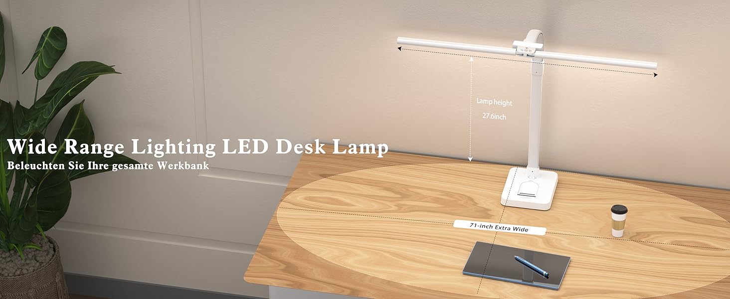 LED настільна лампа LOTTBUTY з диммуванням, 24W, 80см, для офісу та дому, з гнушим шийкою та тримачем для телефону (біла)