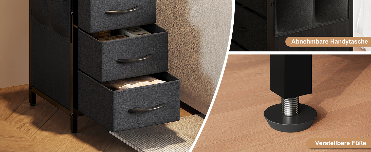 Нічний столик з підзарядкою та LED, приліжний столик з 3 висувними ящиками з тканини, нічний столик з полицею, відкрите відділення, 2 розетки AC, USB та Typ C порти, для спальні, вітальні, офісу (25x30x60 см, Чорний, 2)