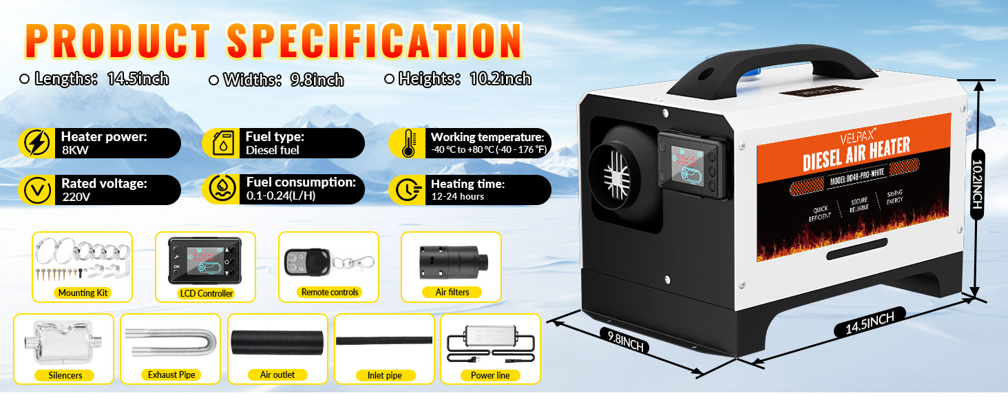 Дизельний обігрівач Diesel Air Heater 8 кВт з пультом керування та LCD-дисплеєм 12/24/110-240V, Bluetooth, швидкий нагрів для автодому, причепа, автомобіля