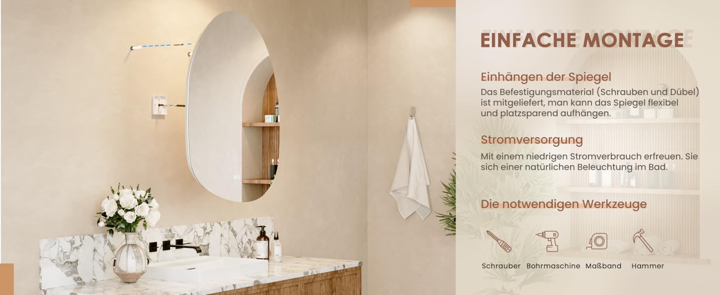 Дзеркало для ванної кімнати Dripex LED з підсвічуванням, сенсорне керування, регулювання яскравості, 3 кольори світла, без запотівання, 85x52 см