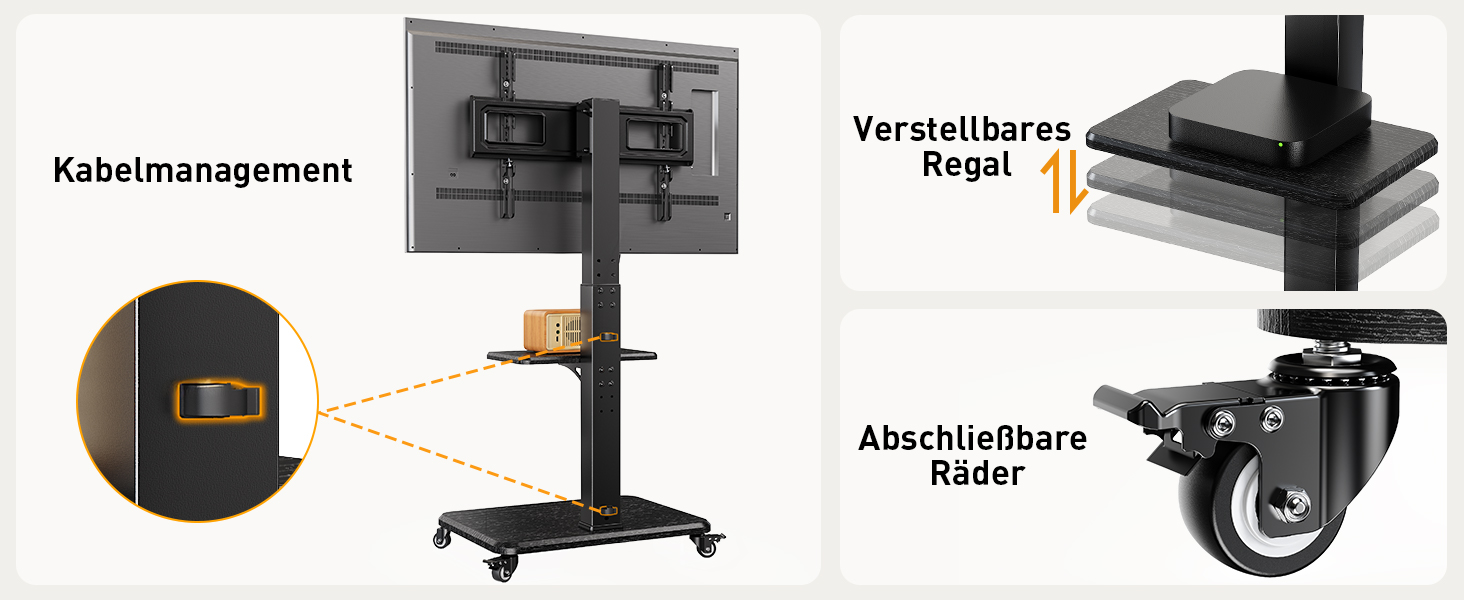 Підставка для телевізора Perlegear на коліщатках, 32-75 дюймів, до 50 кг, регульована по висоті, поворотна, нахильна, з підсвічуванням, VESA 600x400 мм, PGTVMC27