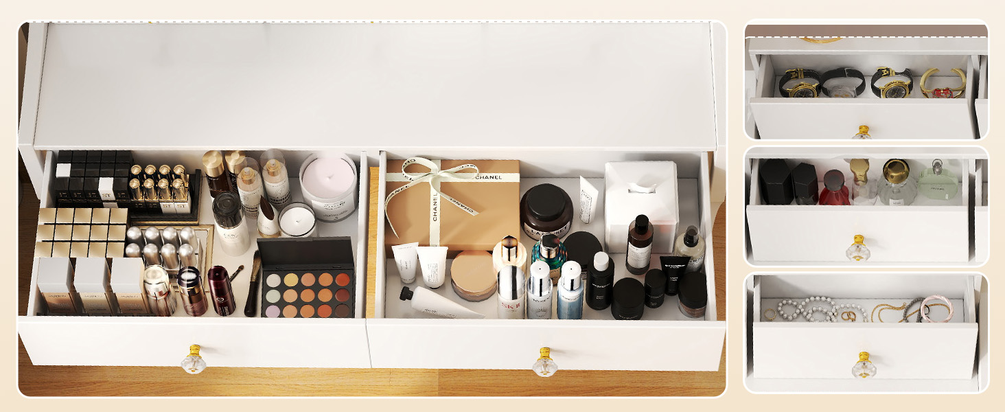 Трюмо COMHOMA з підсвічуванням, дзеркалом та прихованою LED-смугою, зі стільцем та 5 висувними ящиками, з розеткою, 3 колірні температури та регульована яскравість, білий