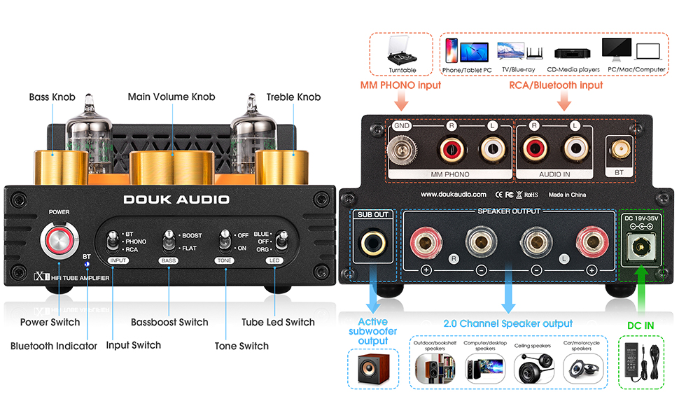 Ламповий підсилювач Douk Audio X1, HiFi Bluetooth 5.0, GE5654, MM Phono, 160 Втx2, регулювання високих і низьких частот