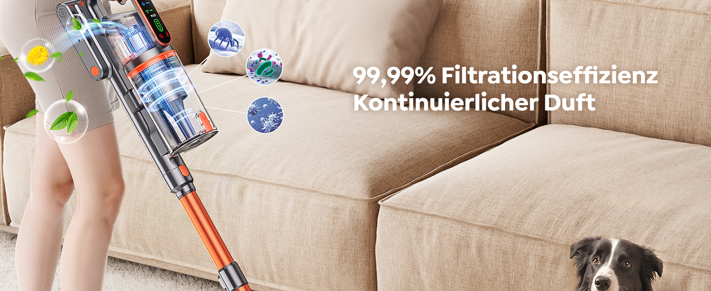 Бездротовий пилосос Fieety з акумулятором, 600W, 50kPa, 65 хв роботи, станція для зарядки на стіні, ароматерапія, автоматичний режим, сенсорний екран, висувний шланг 1 м для твердих поверхонь, килимів, шерсті тварин, автомобіля