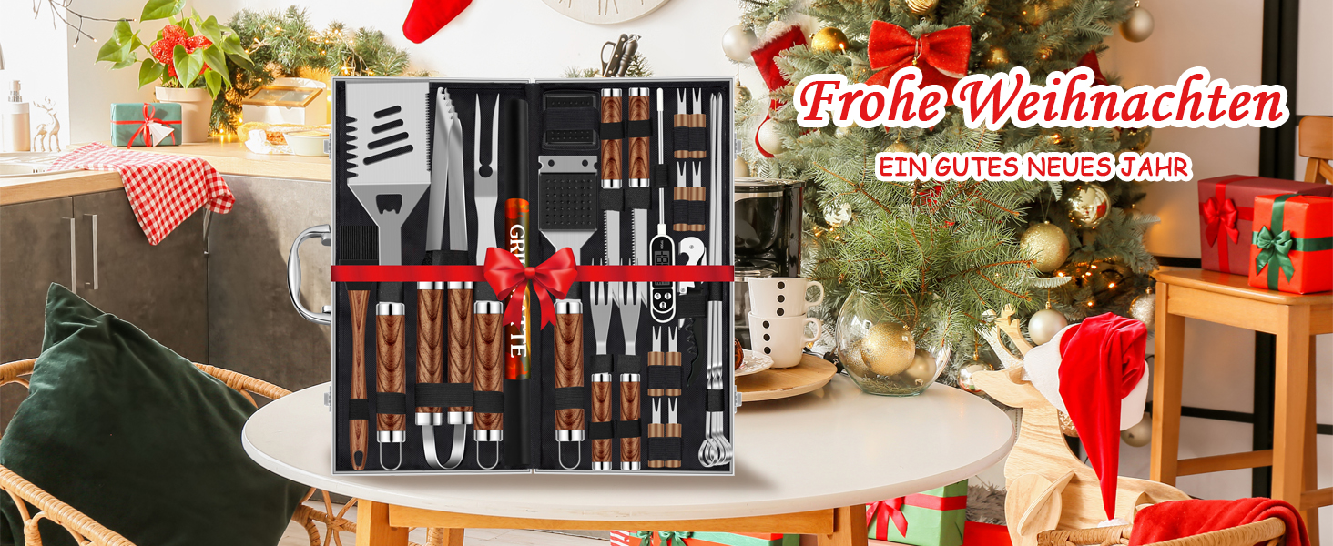 Набір гриль аксесуарів зі сталі 26 шт. Преміум якість, BBQ-гриль посуд у кейсі. Ідеальний подарунок для чоловіків з термометром.