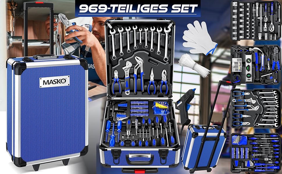 Набір інструментів MASKO 1400 предметів в алюмінієвому кейсі на колесах | Професійний інструментальний візок для дому, авто, хобі та майстерні (Синій)