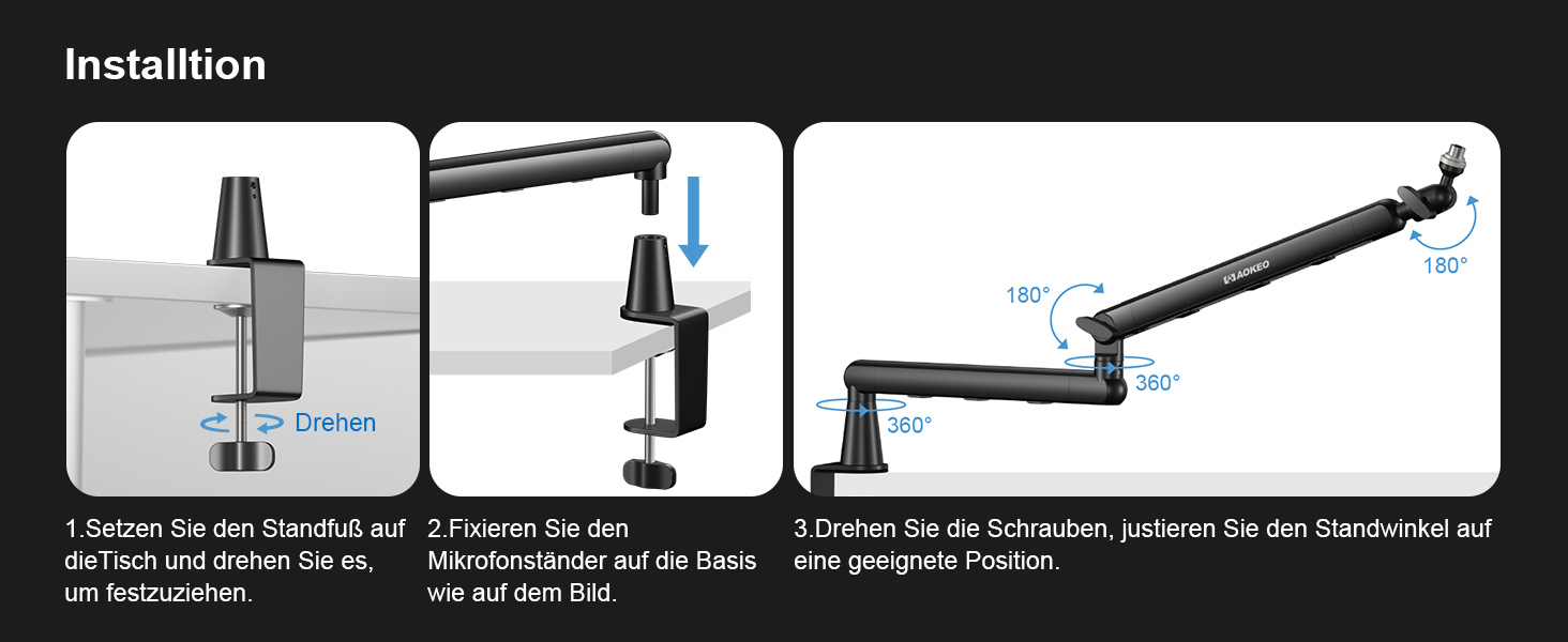 Мікрофонний стійкий тримач Aokeo AK-55 для столу, низькопрофільний, регульований, сумісний з Aokeo Yeti, Snowball iCE, HyperX QuadCast, SoloCast, Elgato Wave (Чорний)