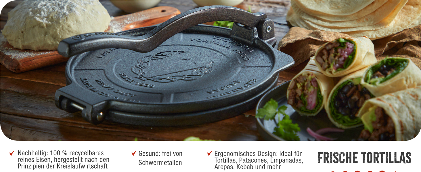 Прес для тортилій Victoria, чавун, 20 см: для тако, арепа, кесаділья, емпанада, патакон