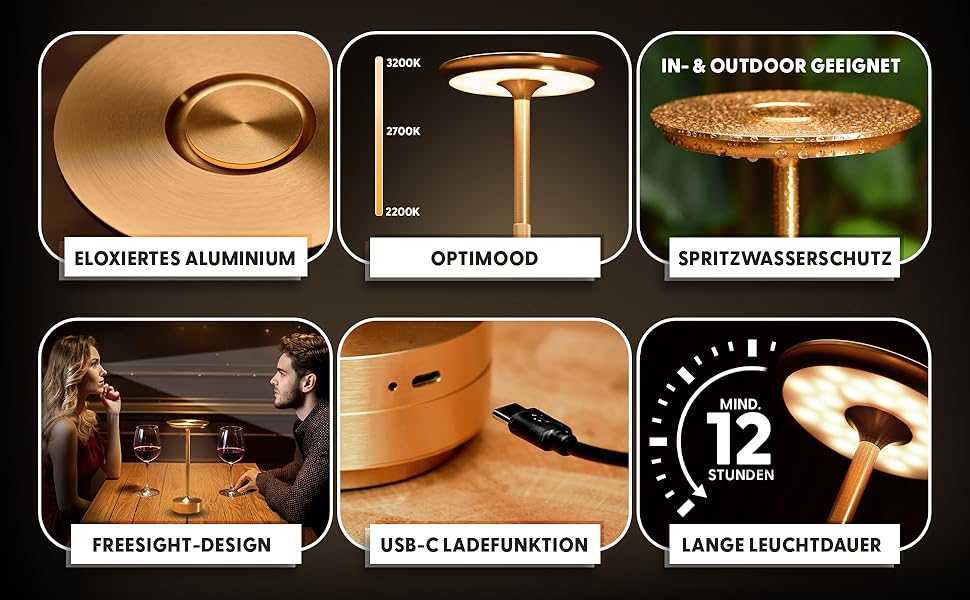 LED настільна лампа ELYSIA з акумулятором, диммування, бездротова, сенсорне управління, для дому та вулиці [IP54], тепле світло [2200K-2700K-3200K], USB-C, перезарядна, алюміній, золота