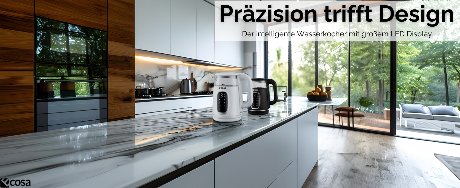 Електричний чайник Ecosa® зі скляною колбою та нержавіючою сталлю, 1,7 л, 2200 Вт, регулювання температури 40°C-100°C, підігрів, LED-підсвічування (Black Pearl)