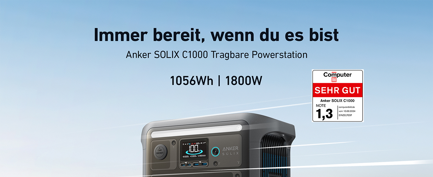 Anker SOLIX C1000 - Портативна електростанція, LiFePO4, 1800W, Швидка зарядка, для кемпінгу та резервного живлення (Сонячна панель опційно)