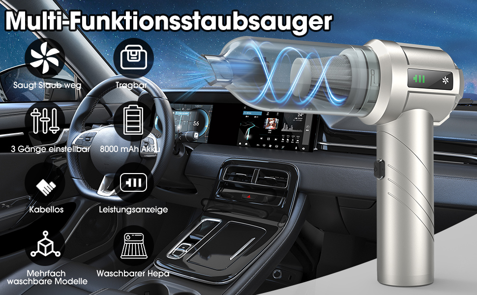Акумуляторний ручний пилосмок для авто та дому 22000Па, безщітковий двигун, з функцією видування, 3 HEPA-фільтрами та набором щіток