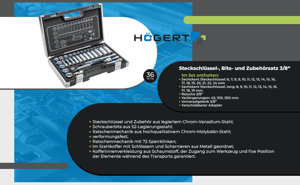 Набір інструментів Högert Technik 38 предметів: валіза з інструментами, тріскачковий набір, набір торцевих головок, біти 1/4