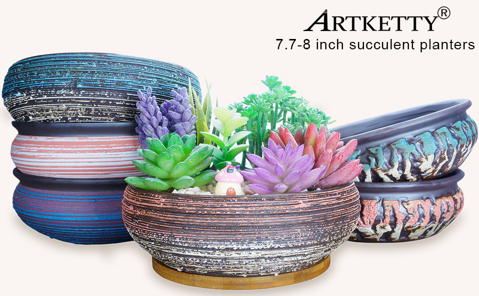 Керамічні горщики для рослин Artketty 8 дюймів (20 см) з дренажем, бамбукова підставка, блакитно-білий колір. Підходять для бонсай, кактусів, квітів, внутрішніх та зовнішніх рослин.