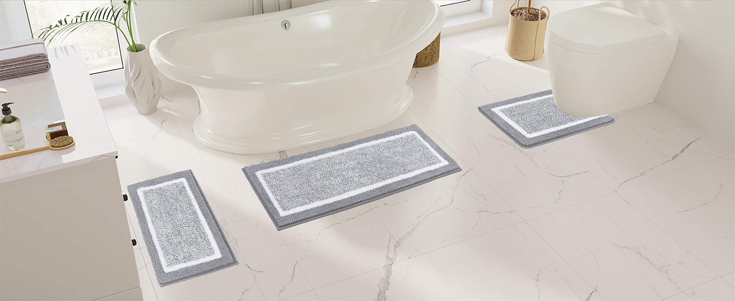 Набір килимків для ванної кімнати Pauwer: м'який, високий ворс, антиковзний. Включає килимок для душу, підлогу та унітаз. Розміри: 45x65 см, 45x120 см, 50x60 см. Машинне прання.