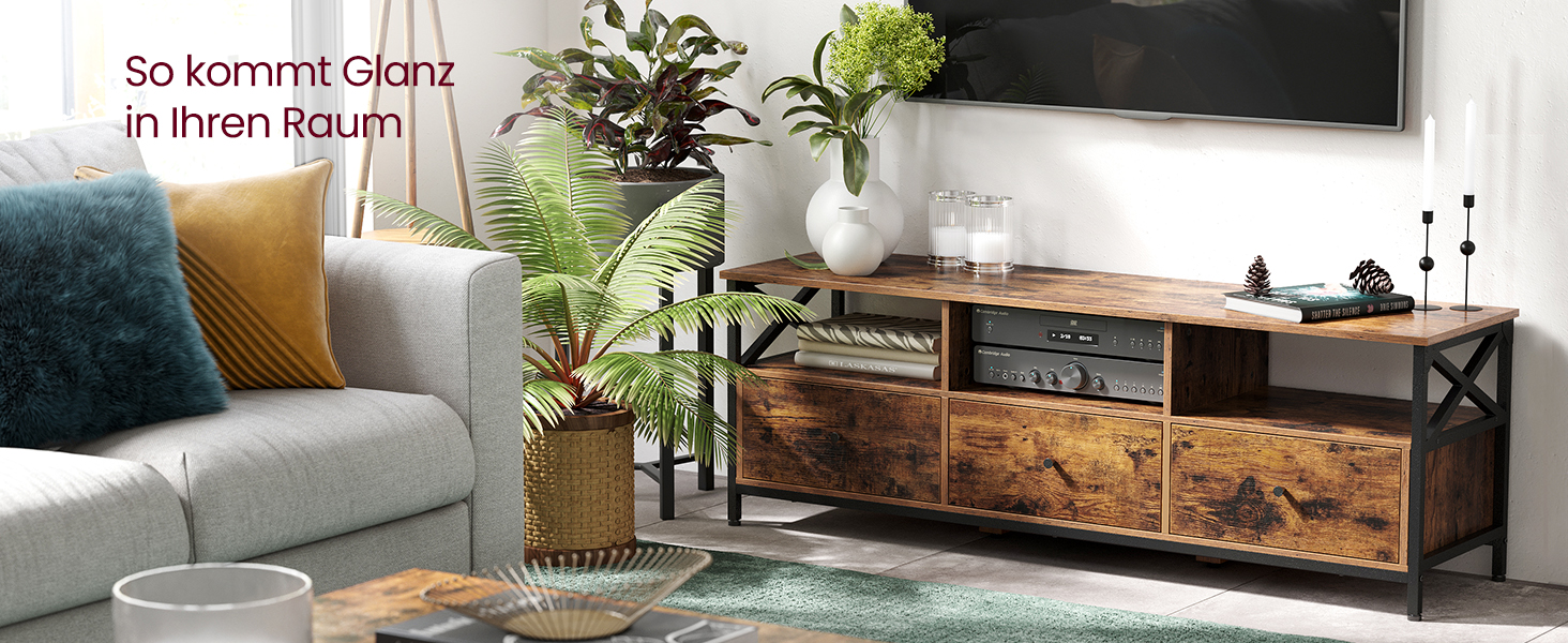 Тумба під телевізор VASAGLE до 80 дюймів, лофт, 3 шухляди, 3 полиці, вітальня, сталевий каркас, коричнево-чорний LTV302B01