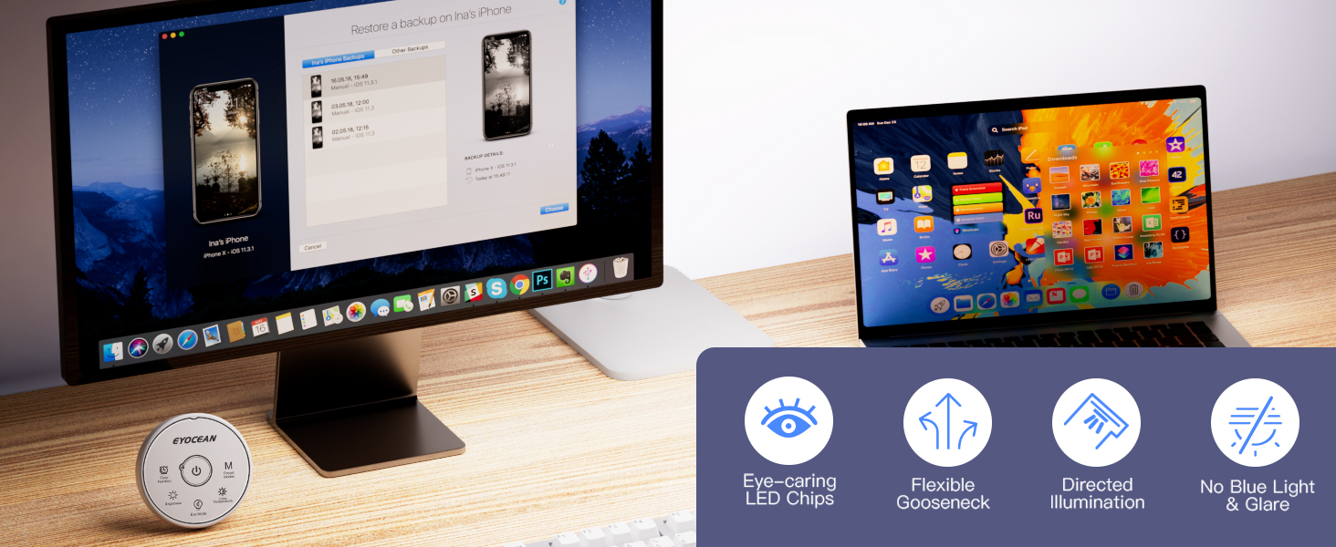 Стіл лампа з двома головками для дітей, захист очей, 16W, 72см, денне світло, диммування, пульт ДУ, лебединий шийка, матовий білий