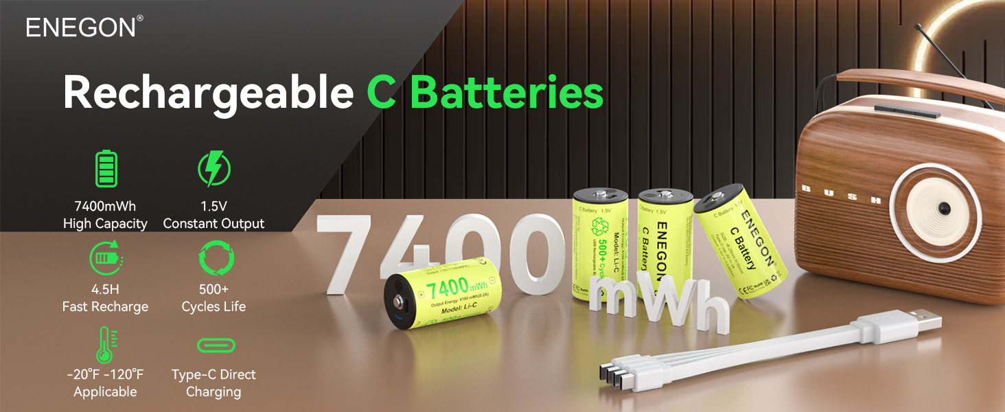 Акумулятори ENEGON C (LR14) 1.5V Li-Ion з портом USB-C для зарядки, 7400mWh, жовті (набір 4 шт)