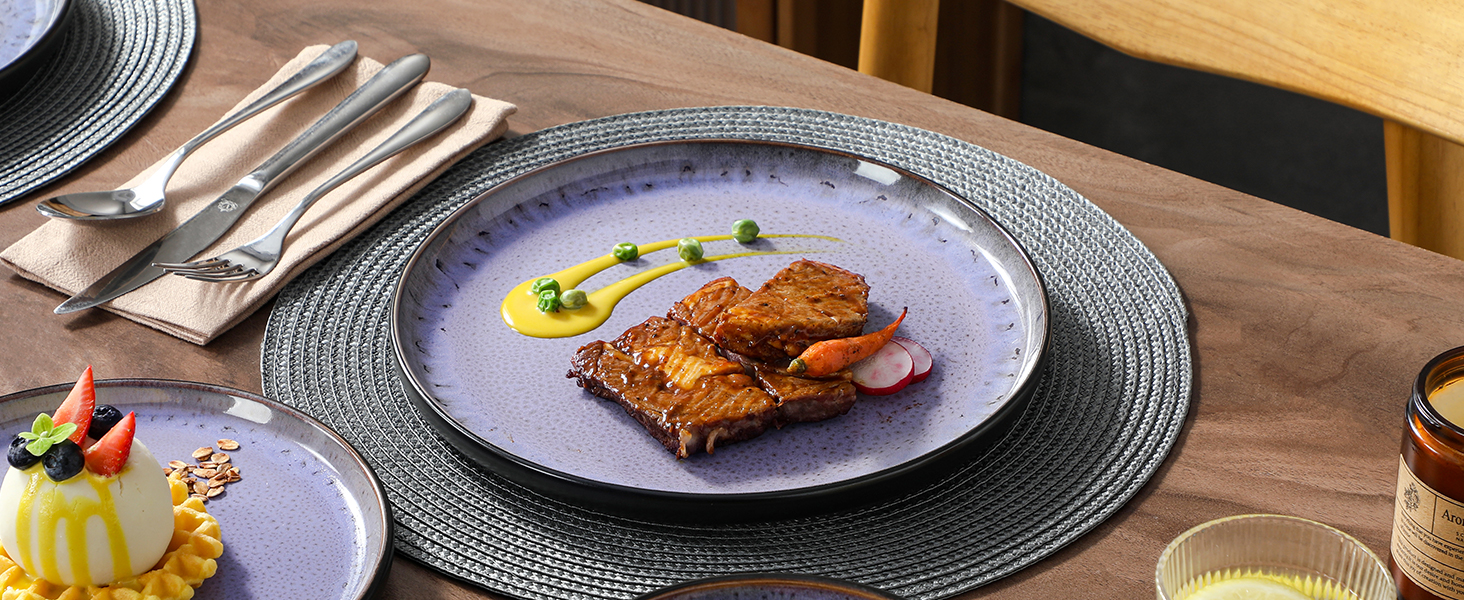 Набір посуду Steingut vancasso AMBER на 6 осіб (24 шт.): тарілки, супові тарілки, десертні тарілки, миски, реактивна глазур, колір фіолетовий, безпечний для миття в посудомийній машині