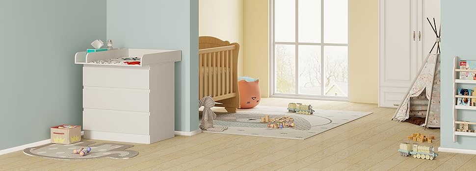 Комод-пеленальник WOLTU з пеленальним столиком, 3 висувні ящики, захист від перекидання, 86 см, білий