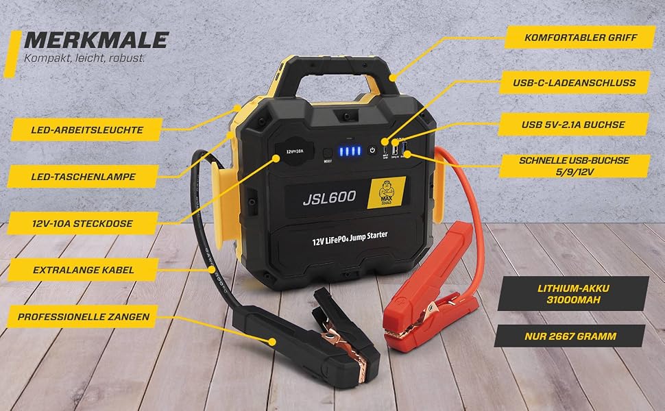 Бустерний пускач MAXTOOLS JS500 2200A 22Ah для авто та мікроавтобусів 12V (бензин/дизель), Powerbank з LED-ліхтарем та USB-портом