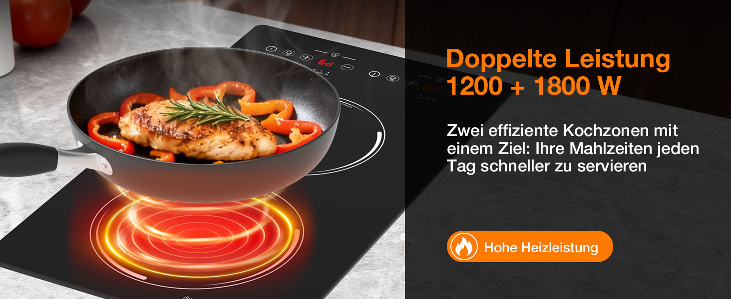 Індукційна плита подвійна 3000W Domino, вбудована та переносная, з таймером та індикатором залишкового тепла, 51 см (Чорна, Версія 2.0)