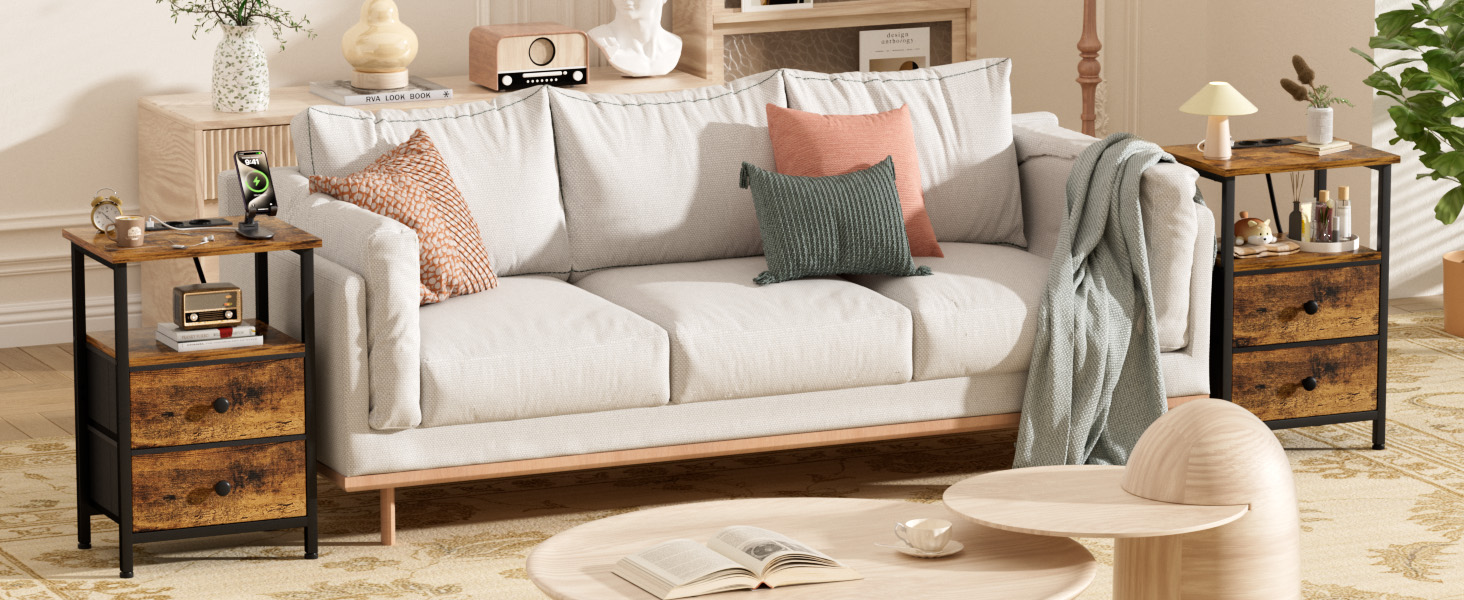 Нічний столик AMHANCIBLE з зарядкою, приліжний столик з висувними ящиками з тканини, журнальний столик з відкритою полицею, з 2 USB-портами та 2 розетками, для спальні, вітальні, HETS020GY-1 (Коричневий)