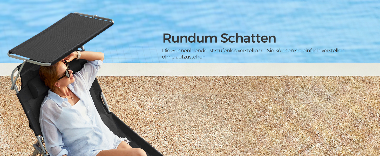 Лежак для відпочинку SONGMICS, розкладний, 193 x 53 x 29 см, до 150 кг, захист від сонця, подушка, регульована спинка, для саду, басейну, тераси (Чорний)