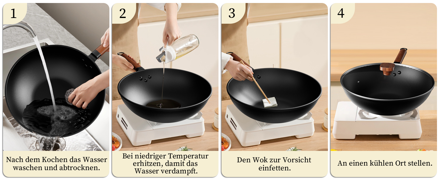 Вок Jobin 33 см з кришкою з термостійкого скла, з вуглецевої сталі, без хімічного покриття, для азіатської кухні, сумісний з індукційними, газовими, електричними та керамічними плитами, чорний