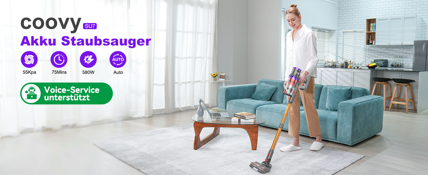 Бездротовий пилосос Coovy SU7 з акумулятором, 580W, 75 хвилин роботи, 55000Pa, дисплей, автоматичний режим, для килимів, шерсті тварин та твердих поверхонь