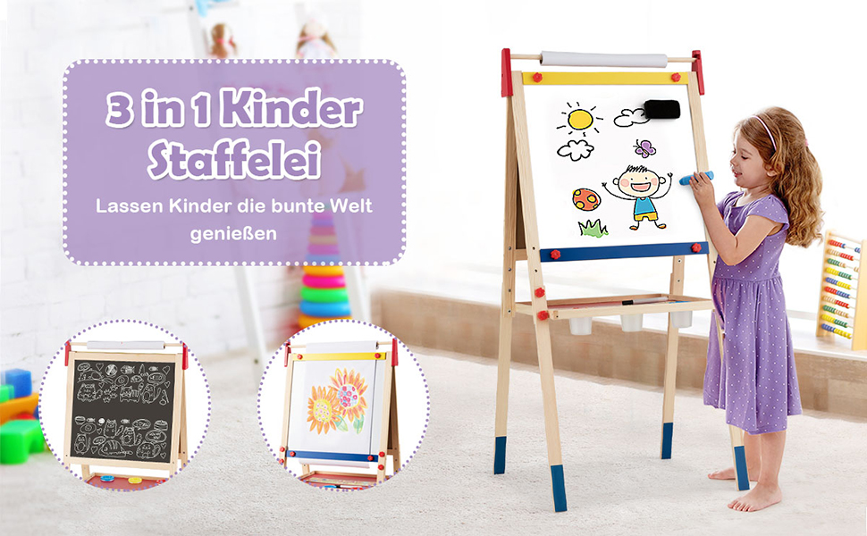 Дитяча мольберт-стіл 3 в 1 COSTWAY: двосторонній, дошка для маркерів та крейди, папір, регульована висота, з аксесуарами