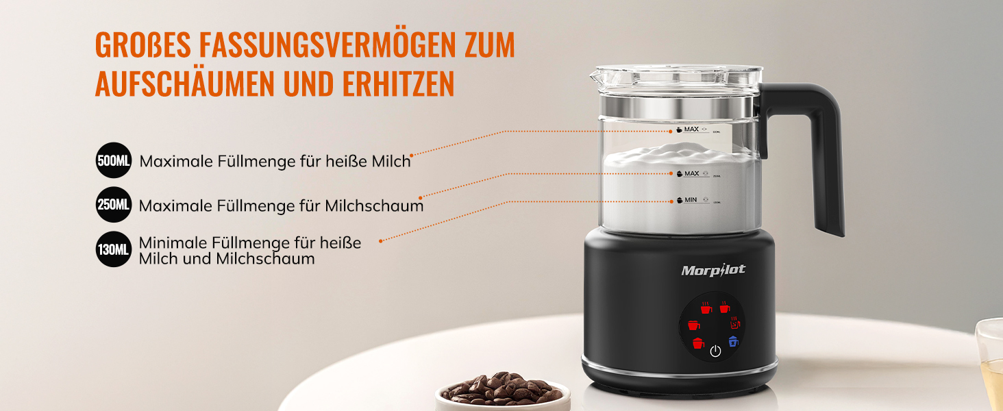 Електричний спінювач молока Morpilot 6-в-1, чорний, 130-500 мл, 600 Вт, для капучино, лате, гарячого шоколаду, миється у посудомийній машині