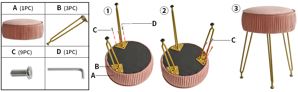 Крісло-пуф IBUYKE з оксамиту, рожеве, 30x30x46 см, з металевими ніжками