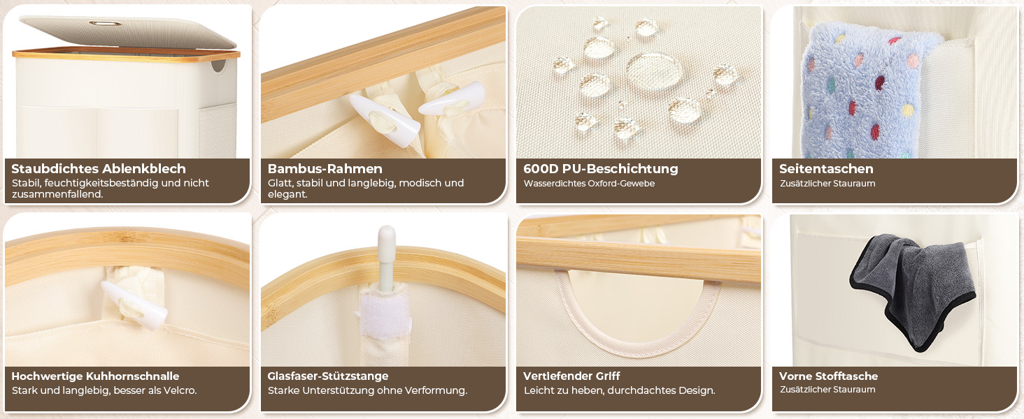 Кошик для білизни OUSFOT з кришкою, 3 відділення, 158л, розкладний, з мішком для білизни, з кишенею, бамбукова коробка для сортування білизни, бежевий