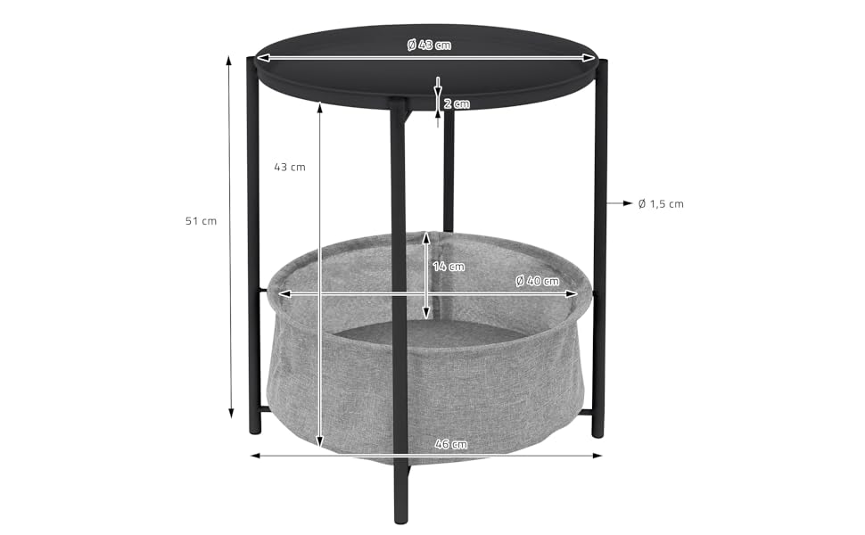 Журнальний стіл ML-Design круглий Ø46 x H51 см, металевий, журнальний столик з тканинним кошиком і знімним підносом, диванний стіл з кошиком для зберігання, сучасний дизайн, маленький столик, стіл для вітальні Приліжкова тумбочка (антрацит)