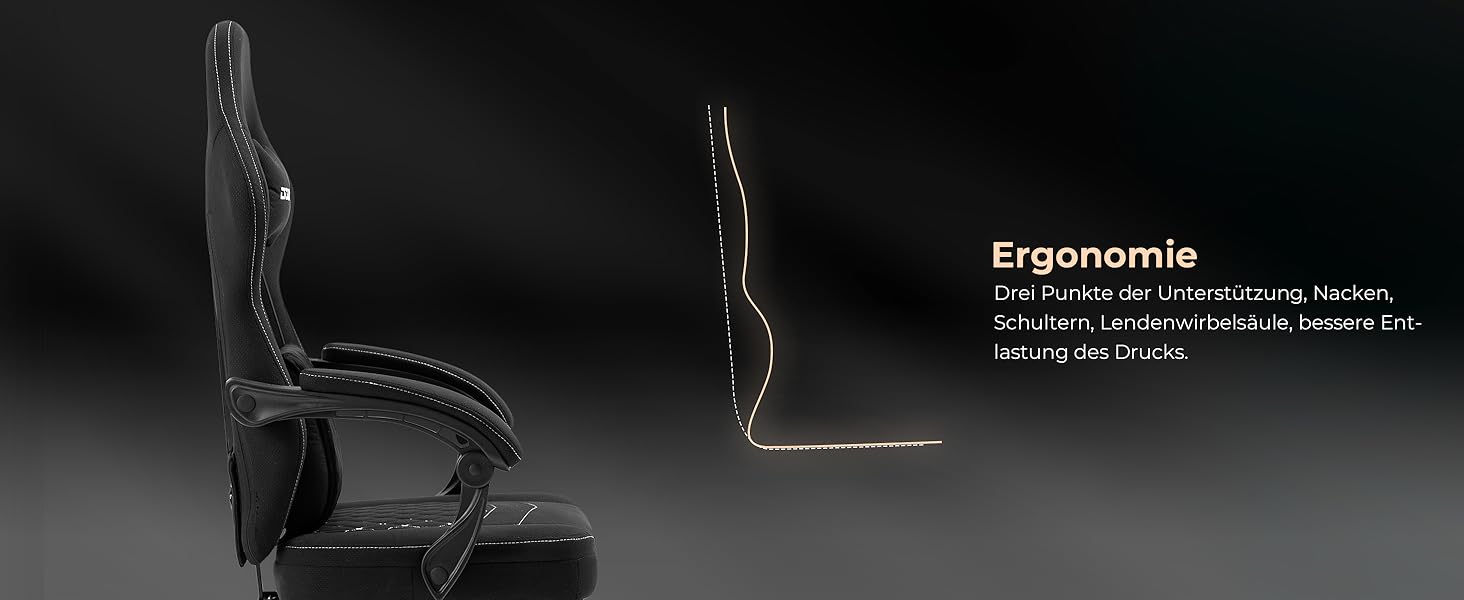 Ігровий крісло Dowinx з тканини та кишеньковим пружинним сидінням, крісло для геймерів з масажем та підголівником, ергономічне гоночне крісло з підніжкою, чорний колір, висувна підніжка