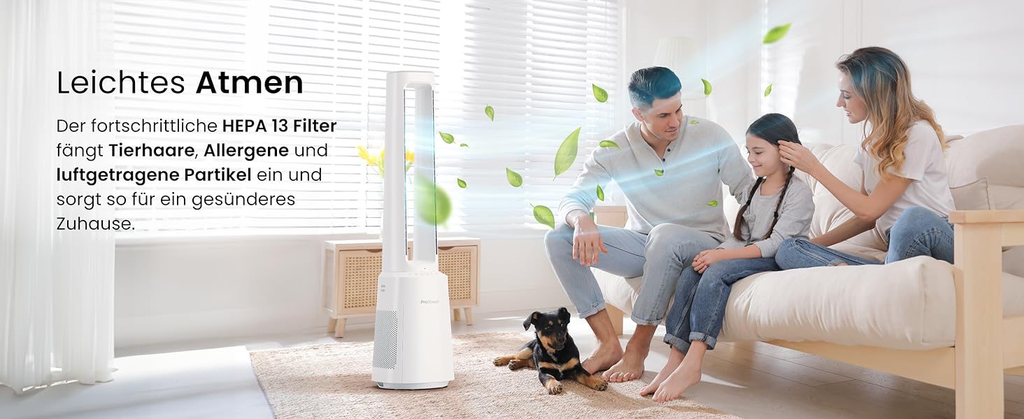 Вентилятор Pro Breeze OmniAir з очищувачем повітря, 105 см, осциляція 75°, пульт ДУ, HEPA 13, LED дисплей, 10 швидкостей, тихий, 5 режимів, Smart App