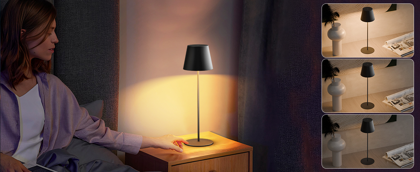 MALUX 2 шт. LED настільна лампа бездротова з сенсором, для дому та вулиці, перезаряджувана, з таймером, 3 режими температури, регулювання яскравості, чорний колір