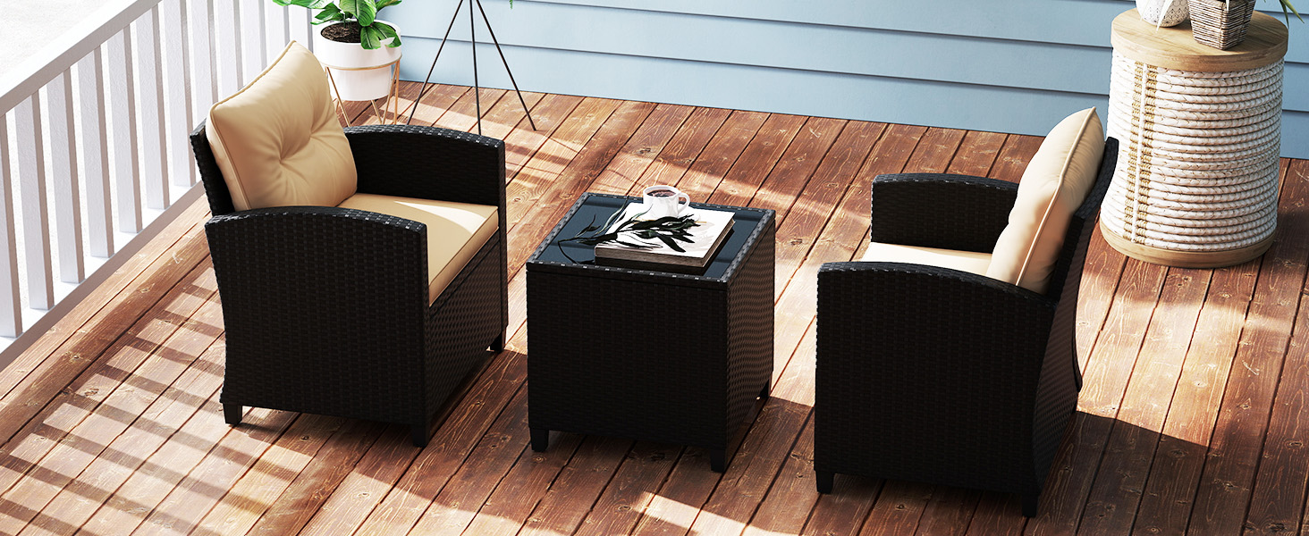 Садовий набір меблів GIANTEX з ротангу для балкона та тераси: 2 крісла та стіл, коричневий ротанг + коричневі подушки