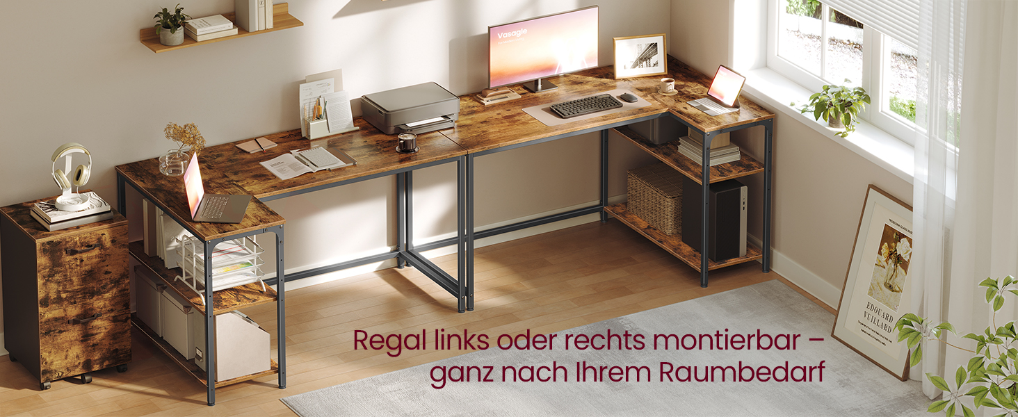 Кутовий стіл VASAGLE L-подібний для дому та офісу, комп'ютерний стіл з полицями, 120 x 80 см, вінтажний коричневий (LWD136KD01)