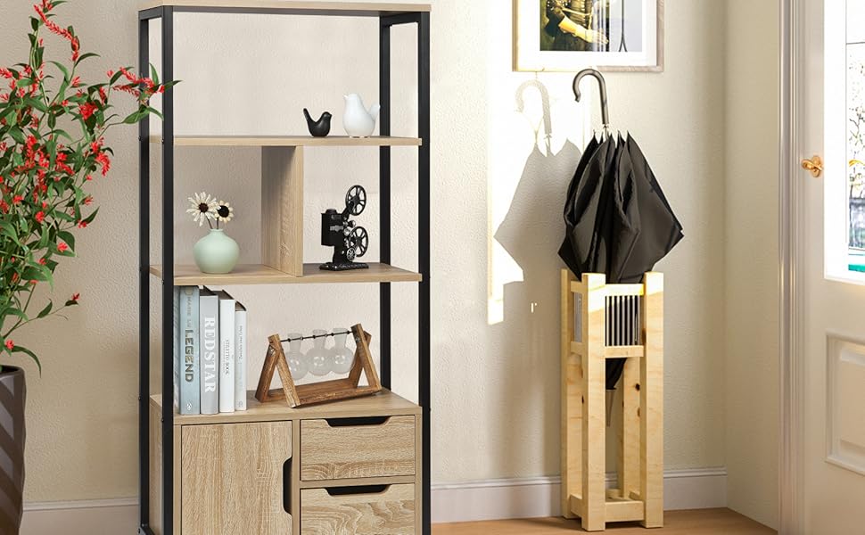 Стелаж WOLTU з шафкою та шухлядами для офісу, вітальні, кухні (58x24x120 см, світлий дуб)