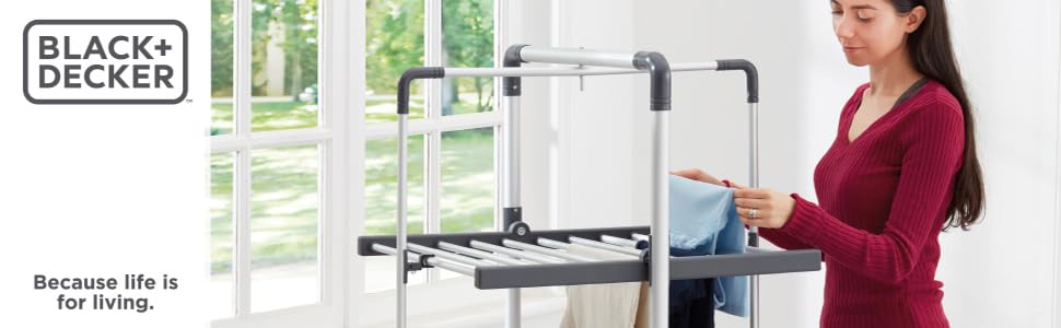 Обігрівальна сушарка для білизни Black+Decker 63091, 3-ярусна з чохлом та колесами, алюмінієва, сіра, 140 x 73 x 68 см