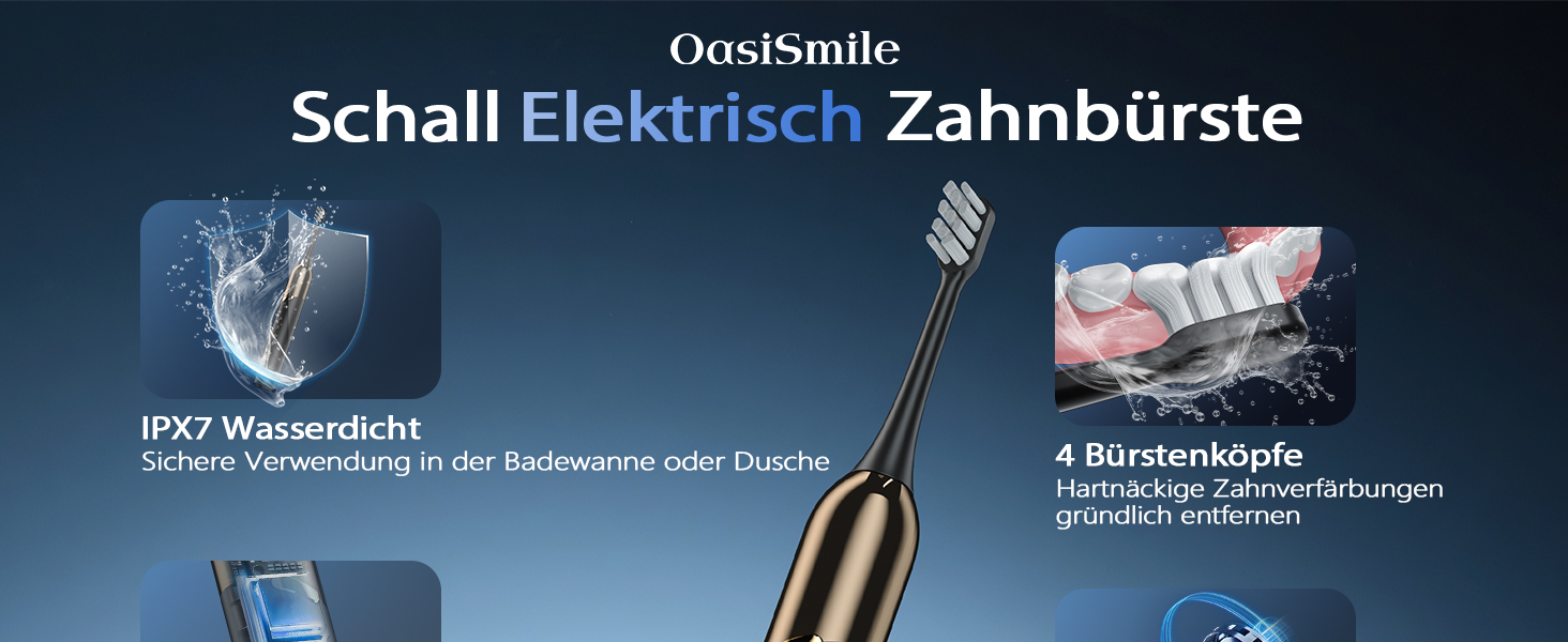 Електрична звукова зубна щітка з 4 насадками та 5 режимами, 50000 VPM, IPX7, таймер 2 хвилини, чорна