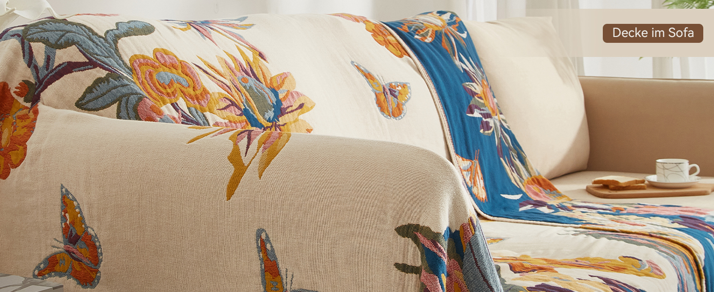 Богемна ковдра Boho Decke 100% бавовна – двостороння муслінова ковдра 150x200 см, м'яка ковдра для дивана та покривало для ліжка, естетичний дизайн, ідеально для вітальні та спальні, помаранчевий/зелений 150 x 200 см, Sommertanz