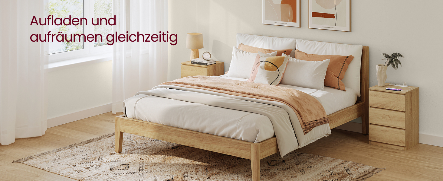 Приліжкова тумбочка VASAGLE Kailyn з розетками та USB-портами, 3 шухляди, сучасний дизайн, сіро-коричневий колір, LET831G01