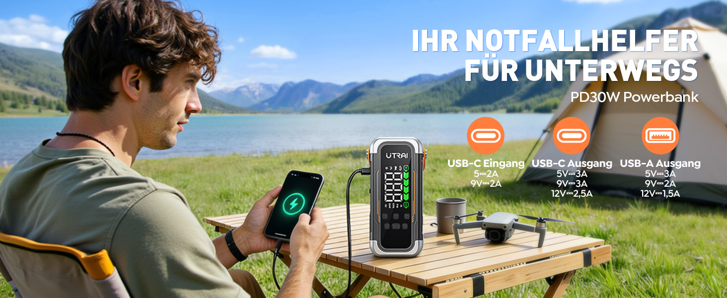 Powerbank Starthilfe UTRAI з компресором та вентилятором для авто, 6000A, LED, PD 30W, для бензинових та дизельних двигунів (10L)