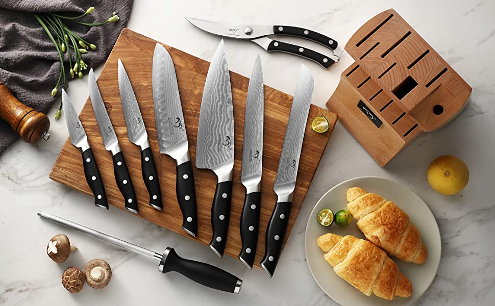 Набір кухонних ножів NANFANG BROTHERS 18 предметів з дамаської сталі VG10, професійний японський набір ножів з дерев'яним блоком